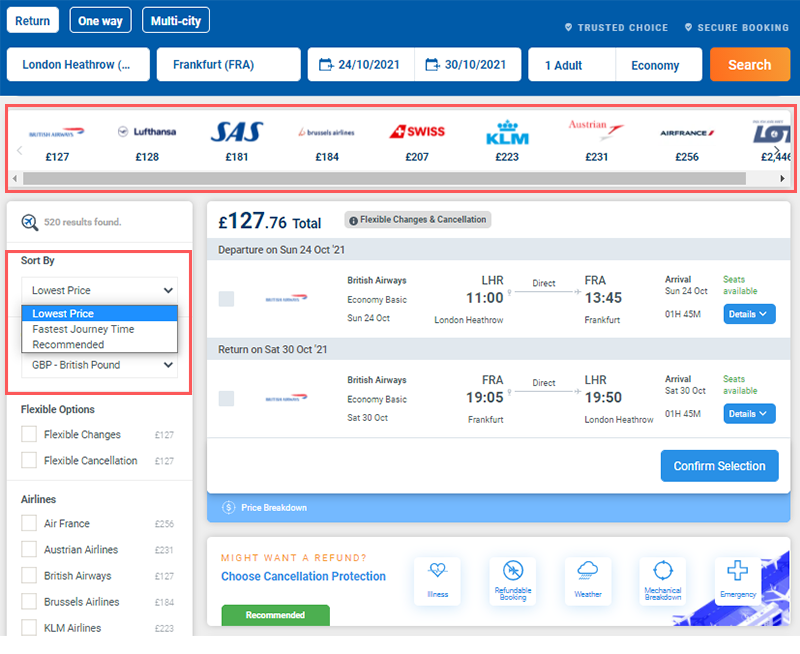 Alternative Airlines Flight Search Results LHR-FRA 