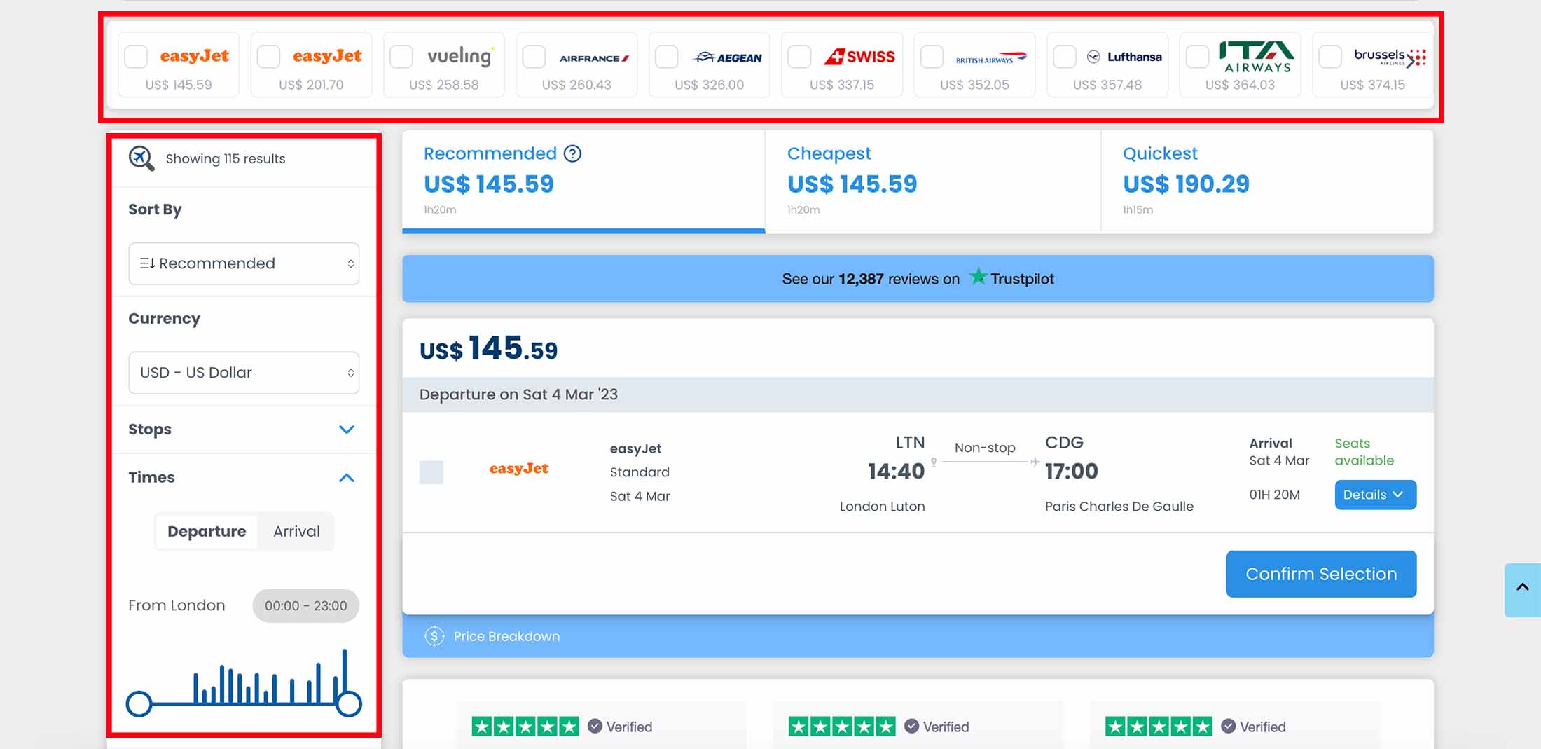 Flights will appear with multiple options for filtering flights. 