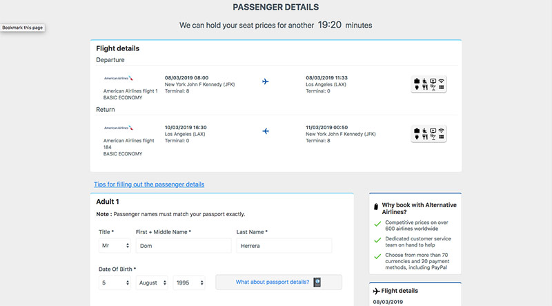 Alternative Airlines Passenger Details Page