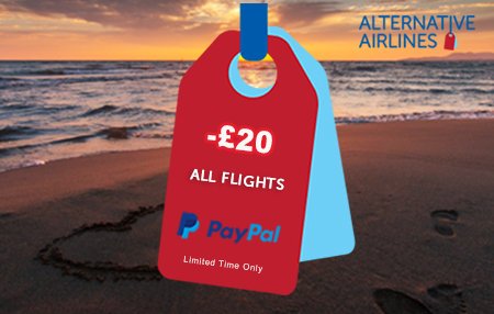 Red and light blue baggage tags overlaid on beach and sunset view