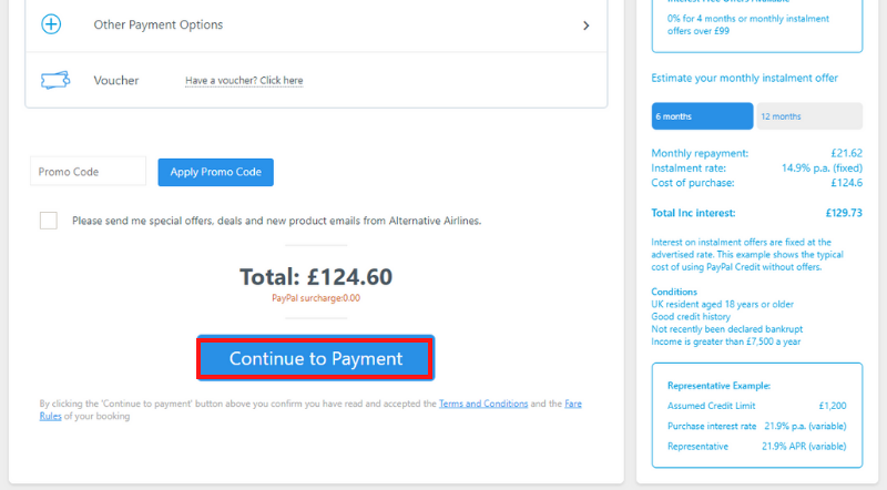Alternative Airlines payment with 'Continue to payment' highlighted by red box