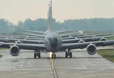 Runway with planes lined up