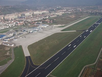 Aerial photo of runway and terminal at Sarajevo International Airport