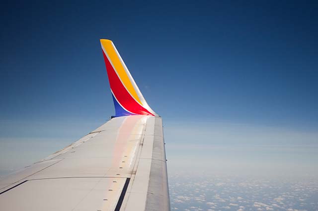 Wing of a Southwest Airlines plane inflight