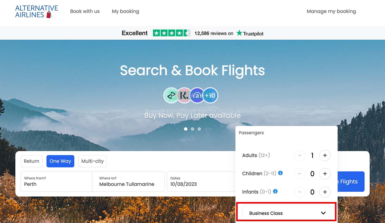 step 1 - search for flights in the search form, then select business class