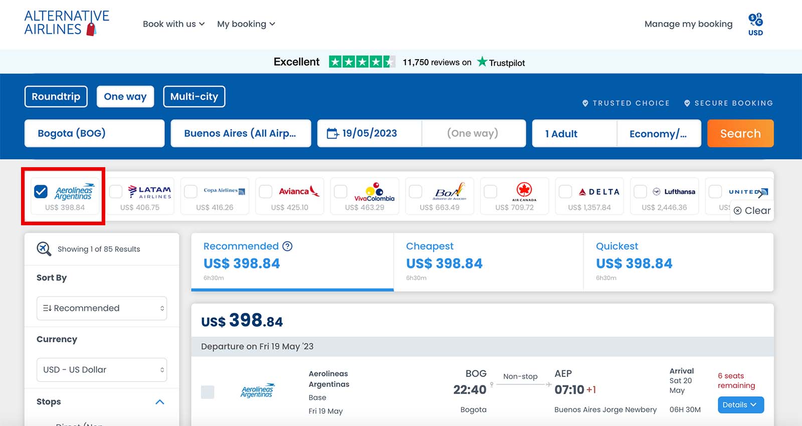 Step 2 - select to show only Aerolineas Argentinas flights