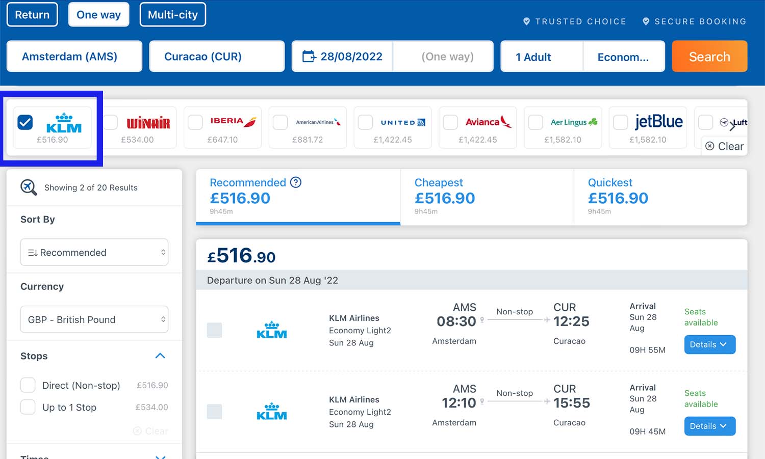 Step 2 - select to show only KLM flights