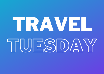 Travel Tuesday bold font on blue gradient background