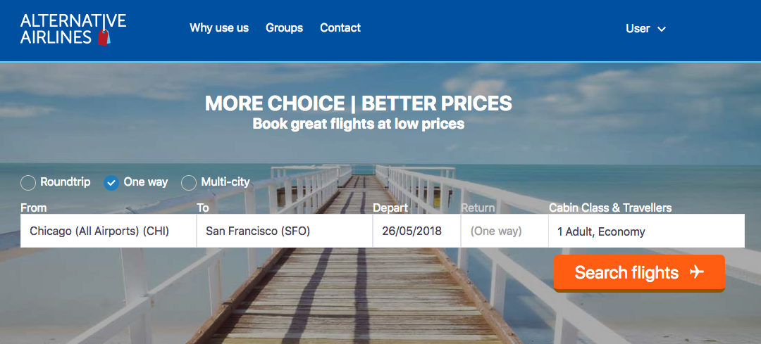 Alternative Airlines search bar with Chicago to San Francisco selected