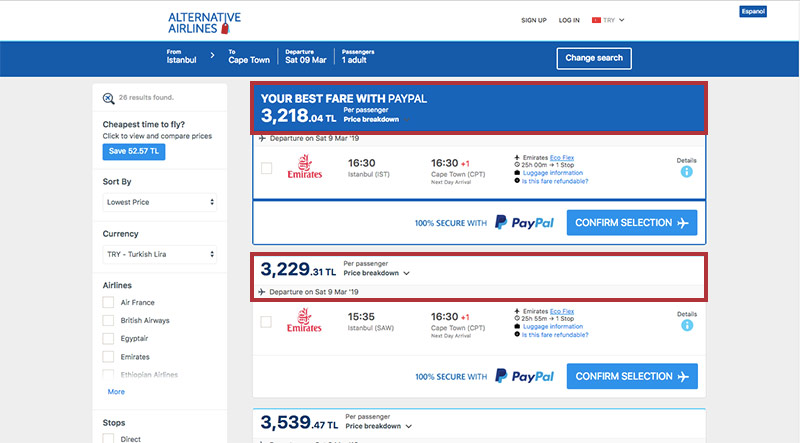 Alternative Airlines Turkish lira search results page
