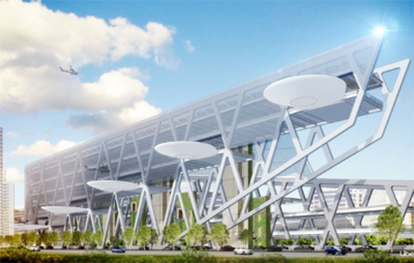 A illustration of a futuristic 'Skyport', as proposed by Uber