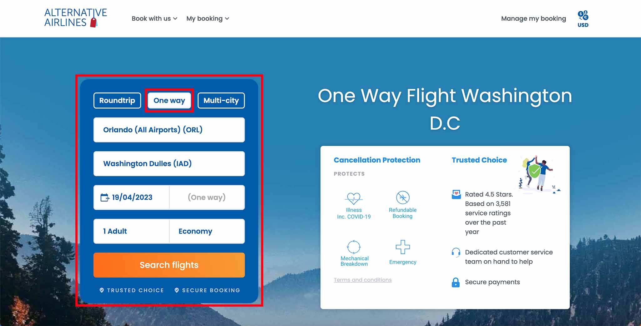Step 1 - How to book one way flights to Washington