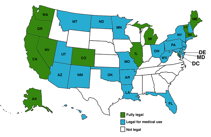 Map displaying states where cannabis is legal in the USA