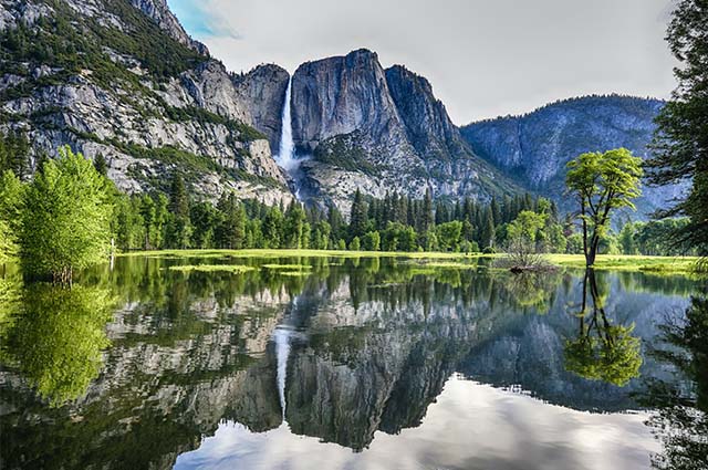 Yosemite national park mountain range with green trees and waterfall