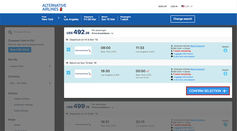 Alternative Airlines Flight Search Result - JFK—LAX Confirm Selection