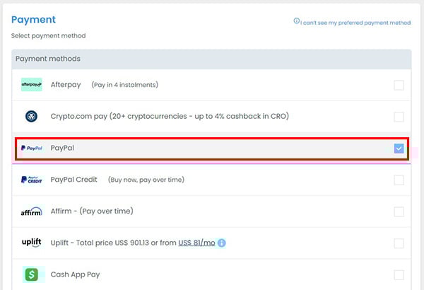 Step 3 - Select PayPal as payment method