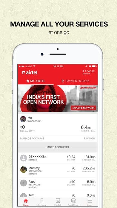 image of an external view of airtel app on a mobile phone
