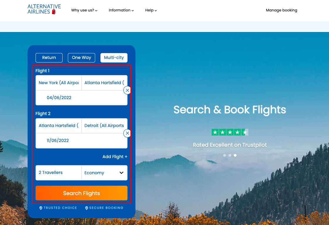 Step 1 booking multi-city flights, entering cities into search form