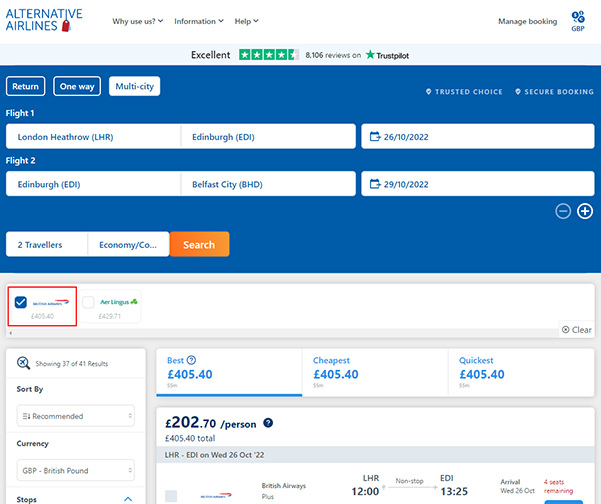 Step 2 British Airways Multi City flight booking, filtering search results by airline