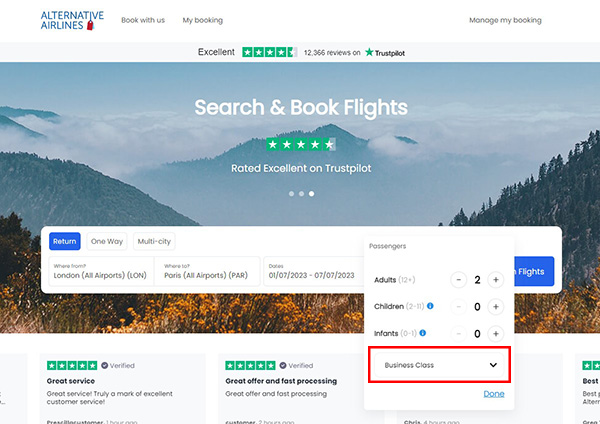 Step 1 - Search for business class flights