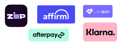 Buy now, pay later payment options logos: Zip, Affirm, Afterpay, Klarna, Laybuy