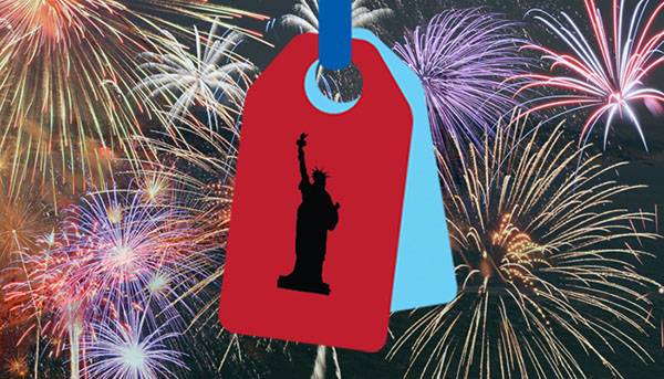 red and blue tag with liberty shadow overlaid and multi-coloured fireworks in background