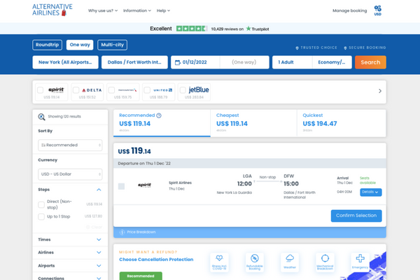 Step 2 of booking flights with a credit card: flight search results