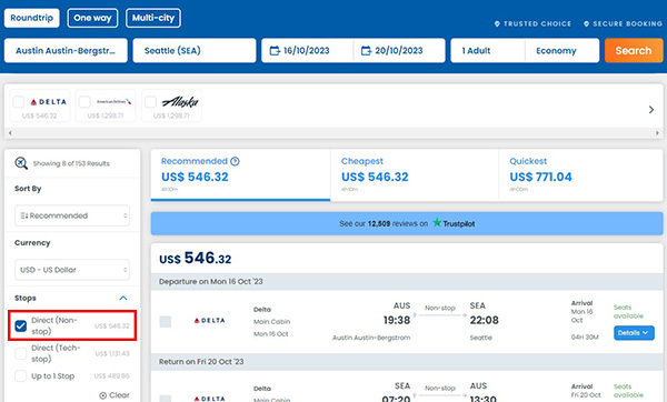 How to book direct flights from Austin TX