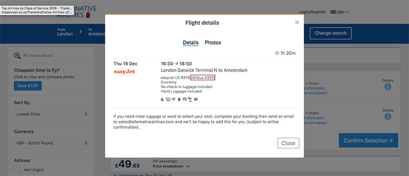 easyjet Alternative Airlines search results details