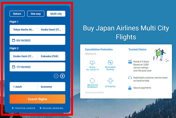 Japan Airlines Multi City Flights - Step 1