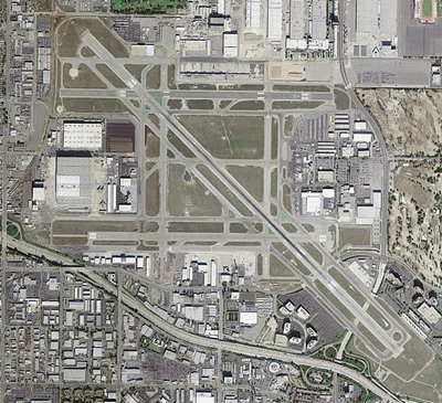 birds eye view of airport runways and terminals