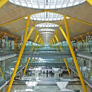 MAD airport interior showing modern T4 space with skylights and large windows