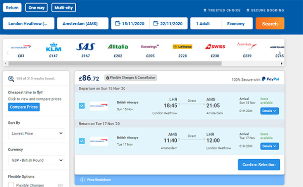 Search result selected flight LHR to AMS