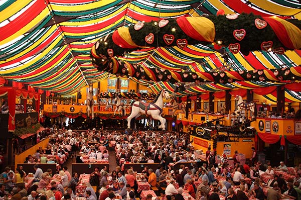 Bustling and colourful tent during Munich Oktoberfest