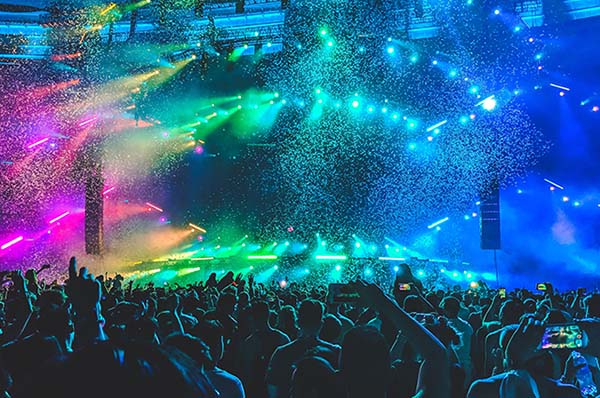 Music festival with an array of coloured lighting