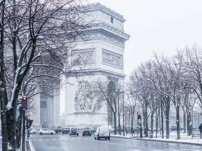 A city shot of paris in the snow