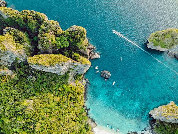 Aerial shot of Phi Phi islands in Krabi, Thailand