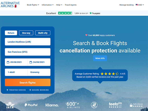 Alternative Airlines search bar with London Heathrow to San Francisco selected