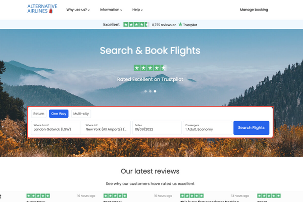 Using Alternative Airlines' search filters to find the quickest flights step 1