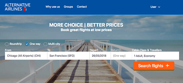 Alternative Airlines search bar with Chicago to San Francisco selected