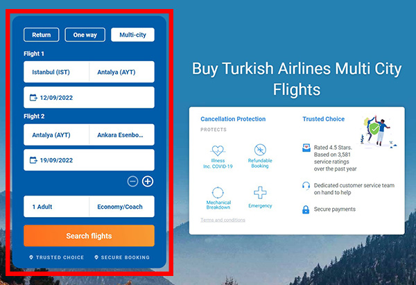 Turkish Airlines Multi City Flights - Step 1