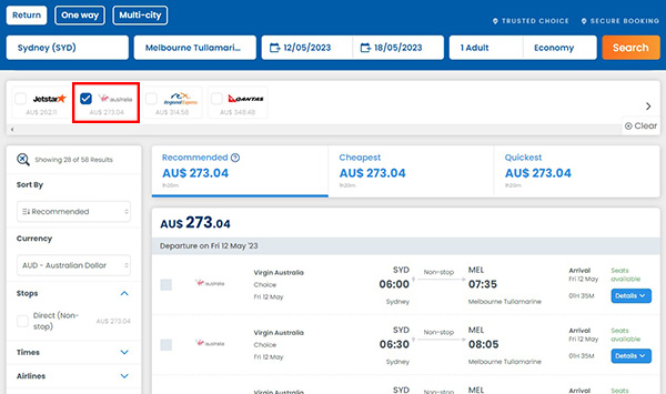 Step 2 - Select preferred airline